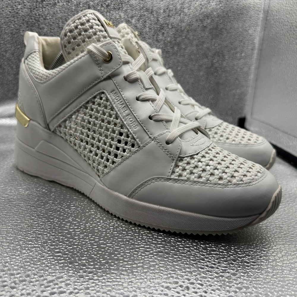 Size 11 Michael Kors Liv Trainer Womens White Excellent Woven Wedge Sneakers
